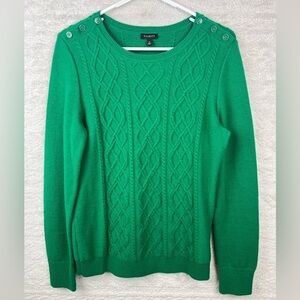 TALBOTS Kelly Green Lambswool Cable Knit Sweater Small Preppy Old Money Horse